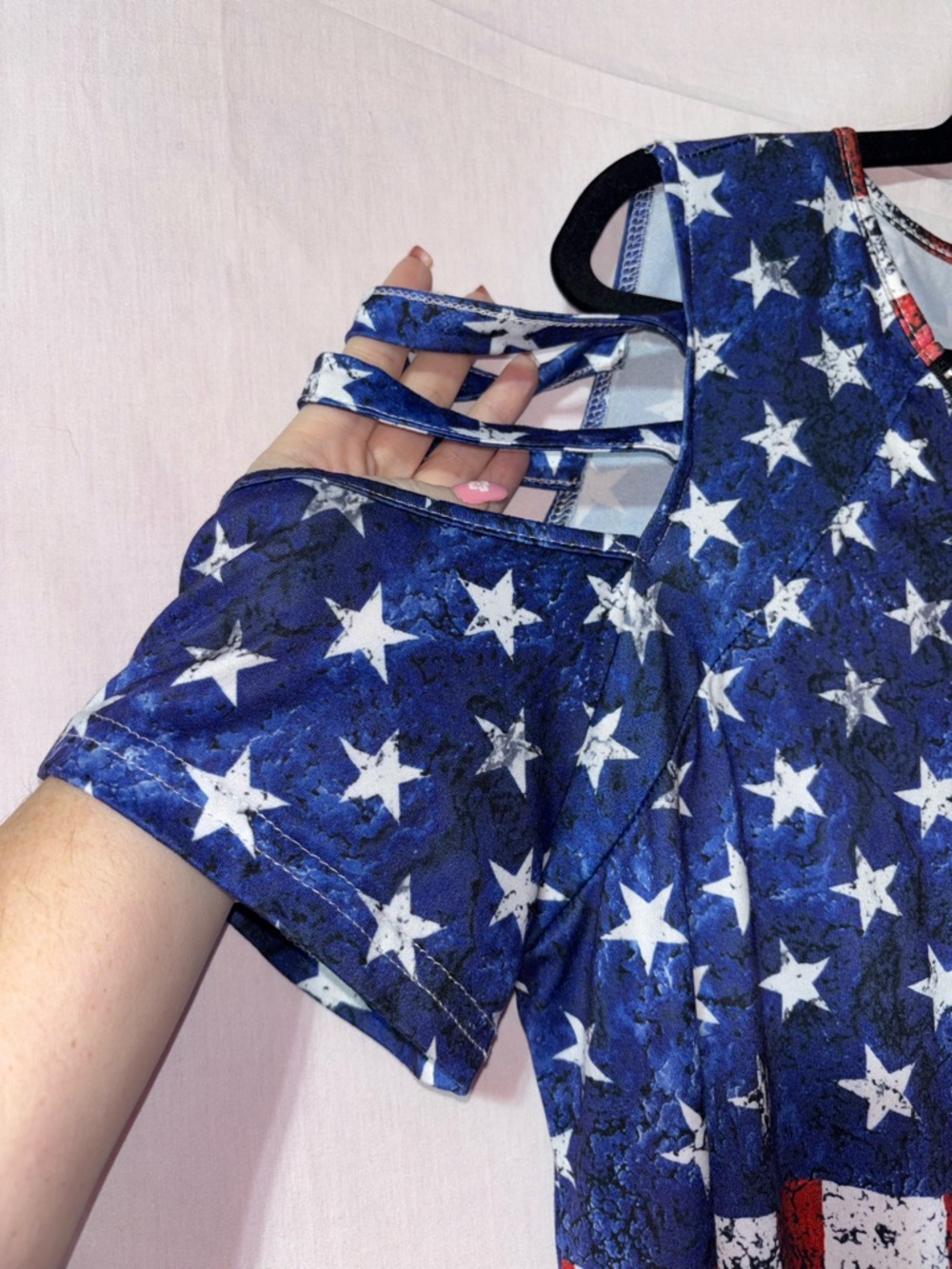 Women's Cold-Shoulder US Flag Print Tunic Top - Red, White & Blue - Picture 2 of 13